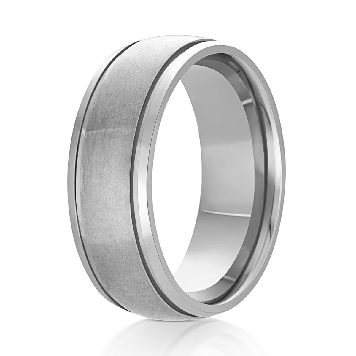 The Silvane, a 8mm silver titanium ring with a brushed center and polished beveled edges.