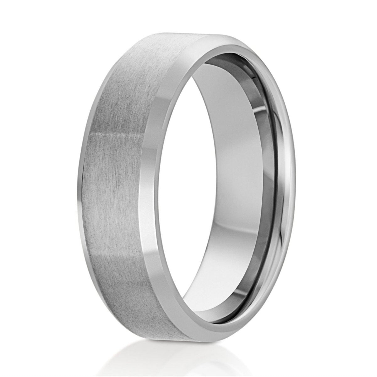 The Silver Horizon, a 7mm silver titanium ring with a brushed center and sleek, polished edges.