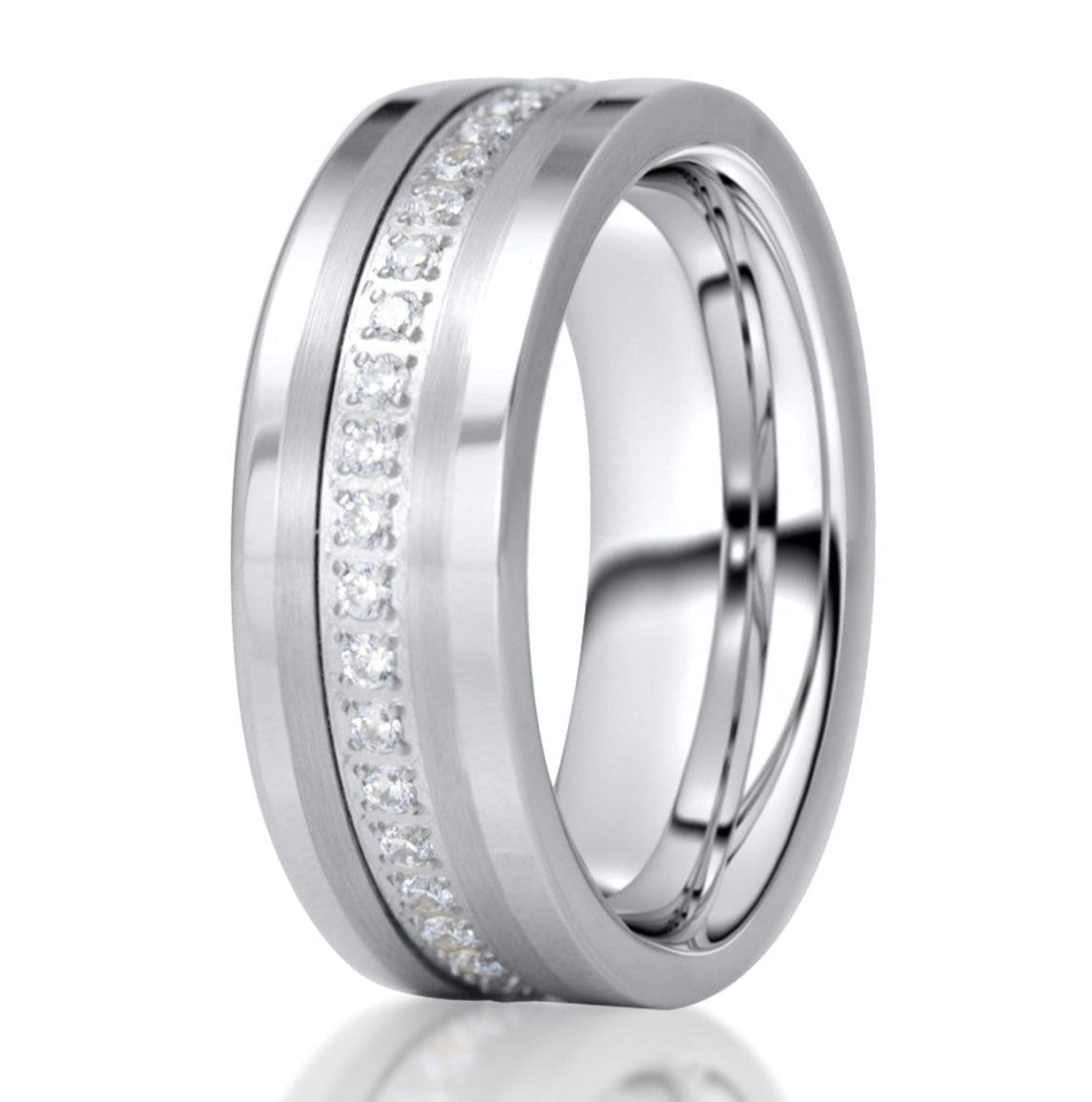 The Silver Onyx, a silver tungsten carbide ring with a polished finish and brushed lines that feature CZ diamonds.