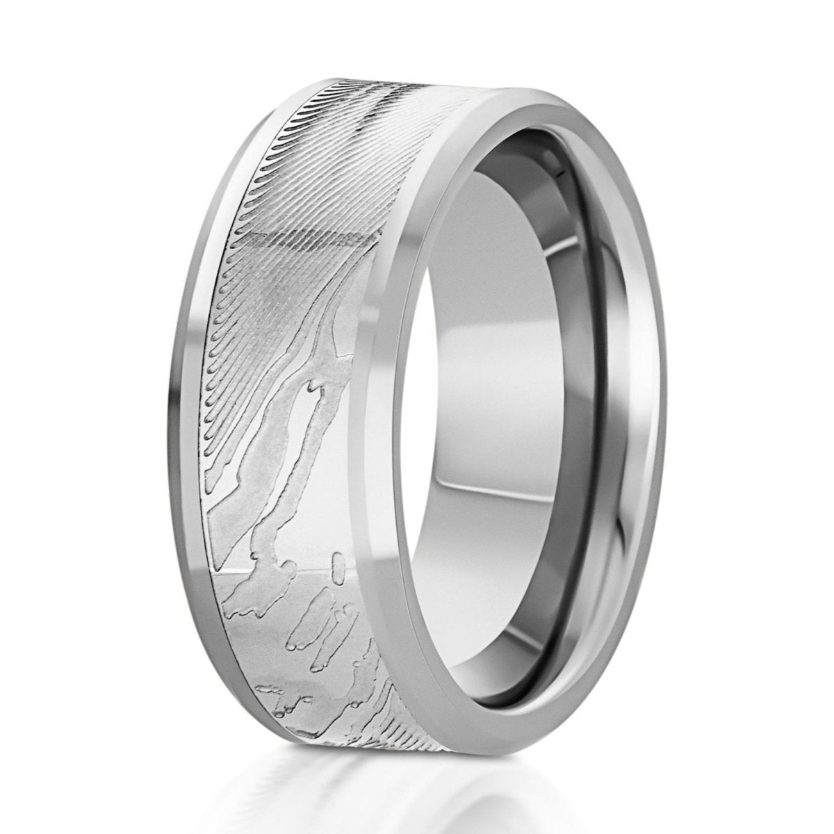 The Silvergrain, a 9mm silver tungsten ring with a polished finish and laser engraved wood grain.