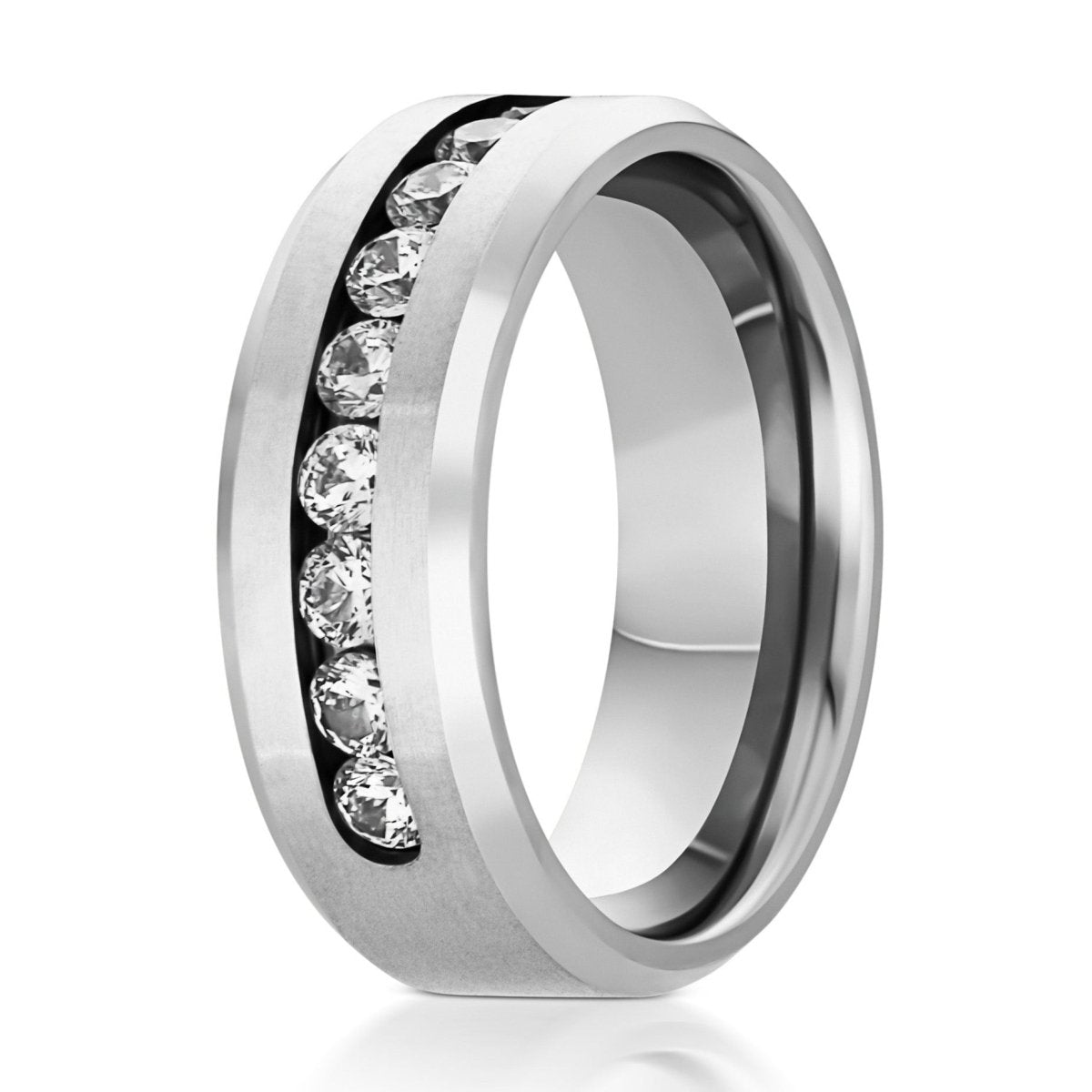 The Silverlight, a 8mm silver titanium ring with a brushed finished center and polished beveled edges that features 9 CZ channel set diamonds.