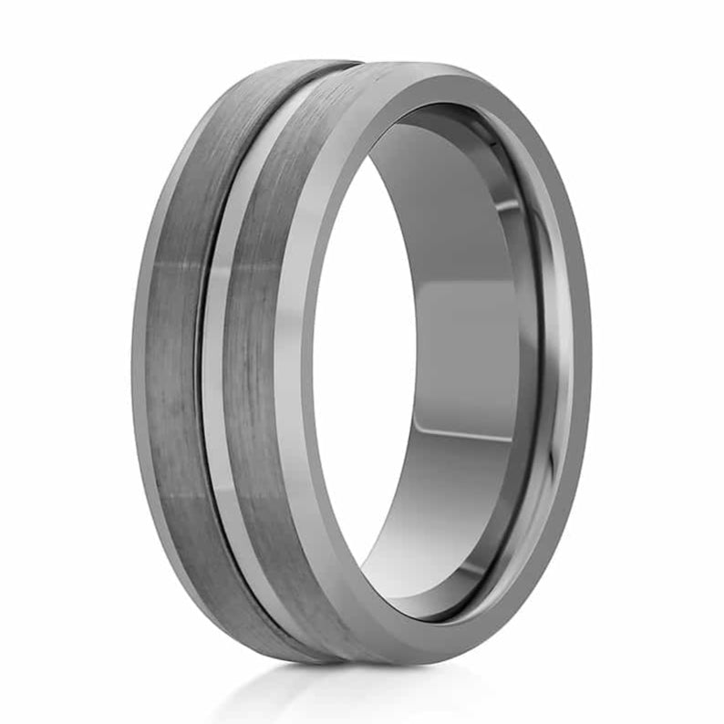 The Simple Man, a 8mm gray tungsten carbide ring with a brushed center and polished edges that features a polished groove and band.