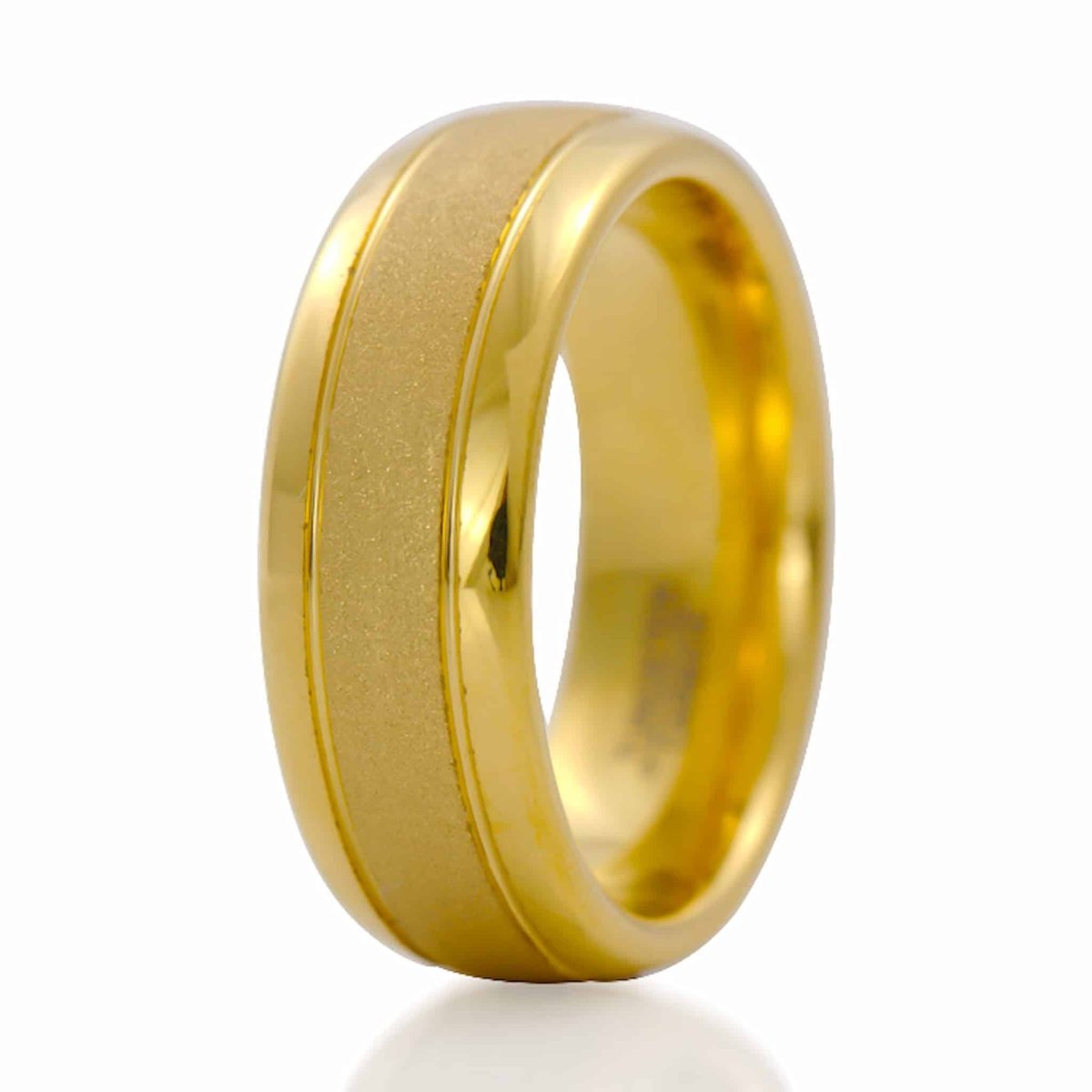 The Smoky, a gold tungsten carbide scratch-resistant ring with a sandstone center and polished edges and band.