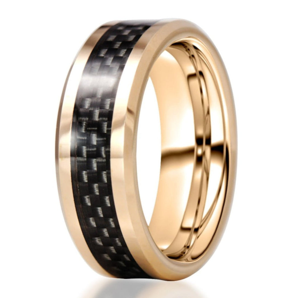 The Smooth, a 8mm rose gold scratch-resistant tungsten carbide ring that features a black carbon fiber inlay and a sleek, polished finish.