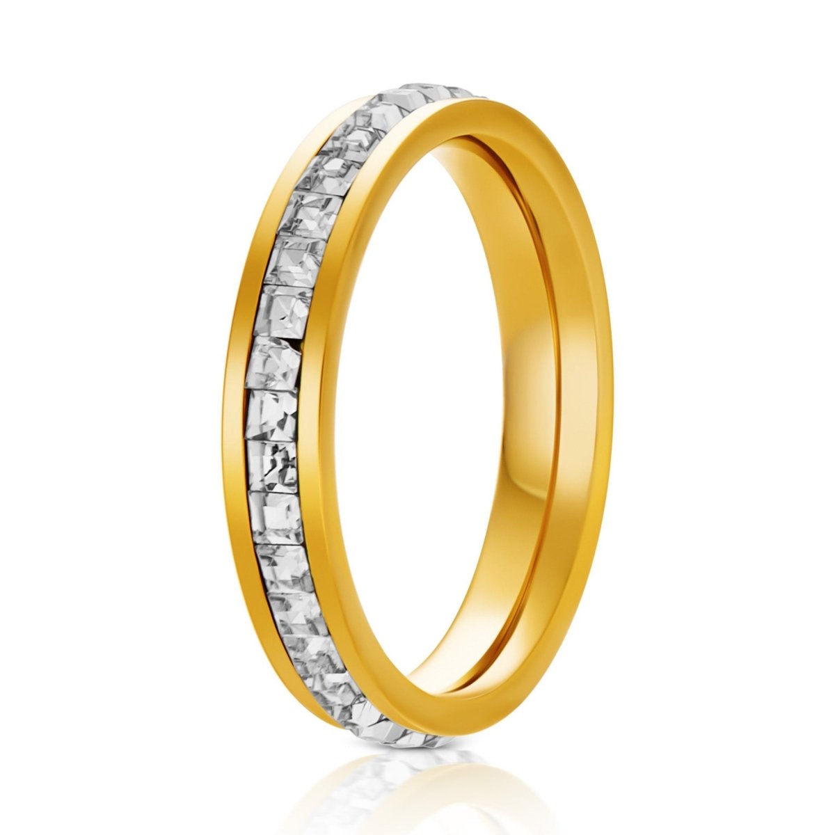 The Solara, a 4mm gold titanium ring with a polished finish and white CZ diamonds in the center.