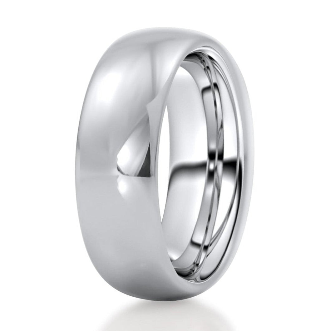 The Soldier, a 7mm silver tungsten carbide ring with the classic domed shape and polished finish.