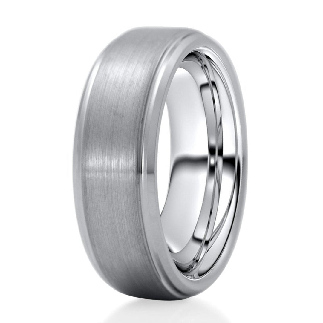 The Solo, a silver tungsten carbide scratch resistant ring that features a brushed finish center and polished beveled edges.