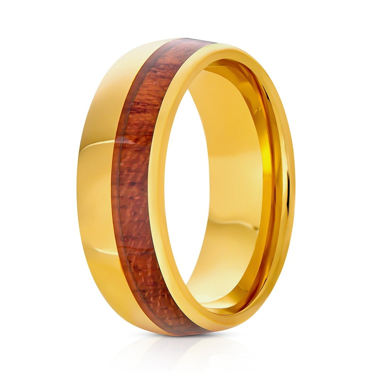 The Solstice, a 8mm gold tungsten ring with a polished finish and koa wood inlay.
