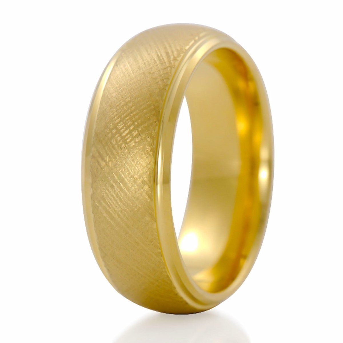 The Spark, a gold tungsten carbide ring that features a textured center and sleek, polished edges.