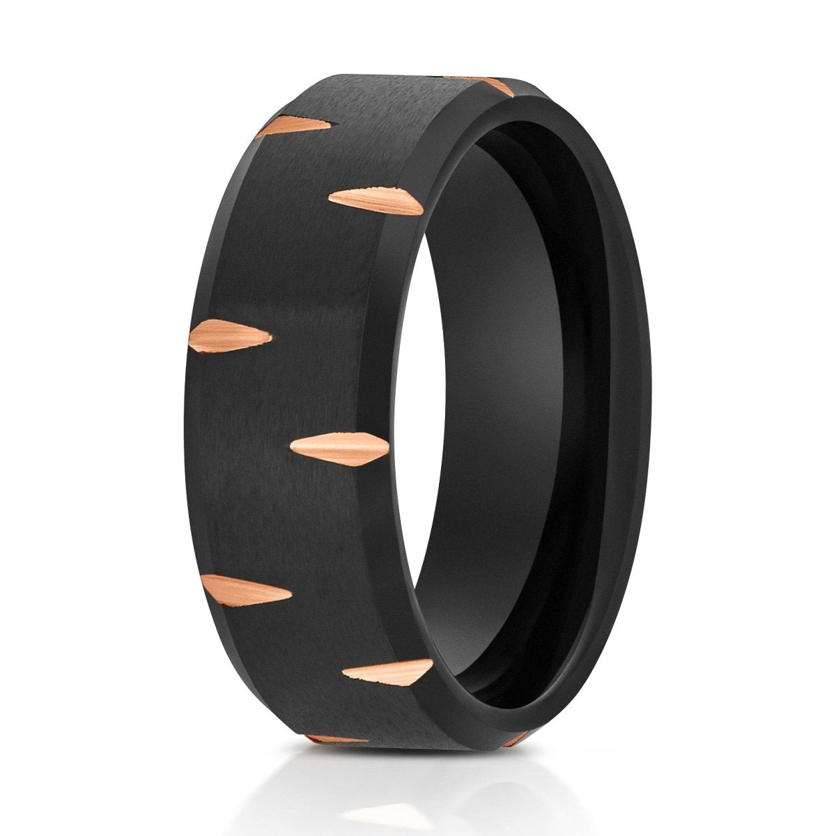 The Spotty, a 8mm black tungsten ring with a brushed center and polished edges that features rose gold wedge cuts alternating around the ring.