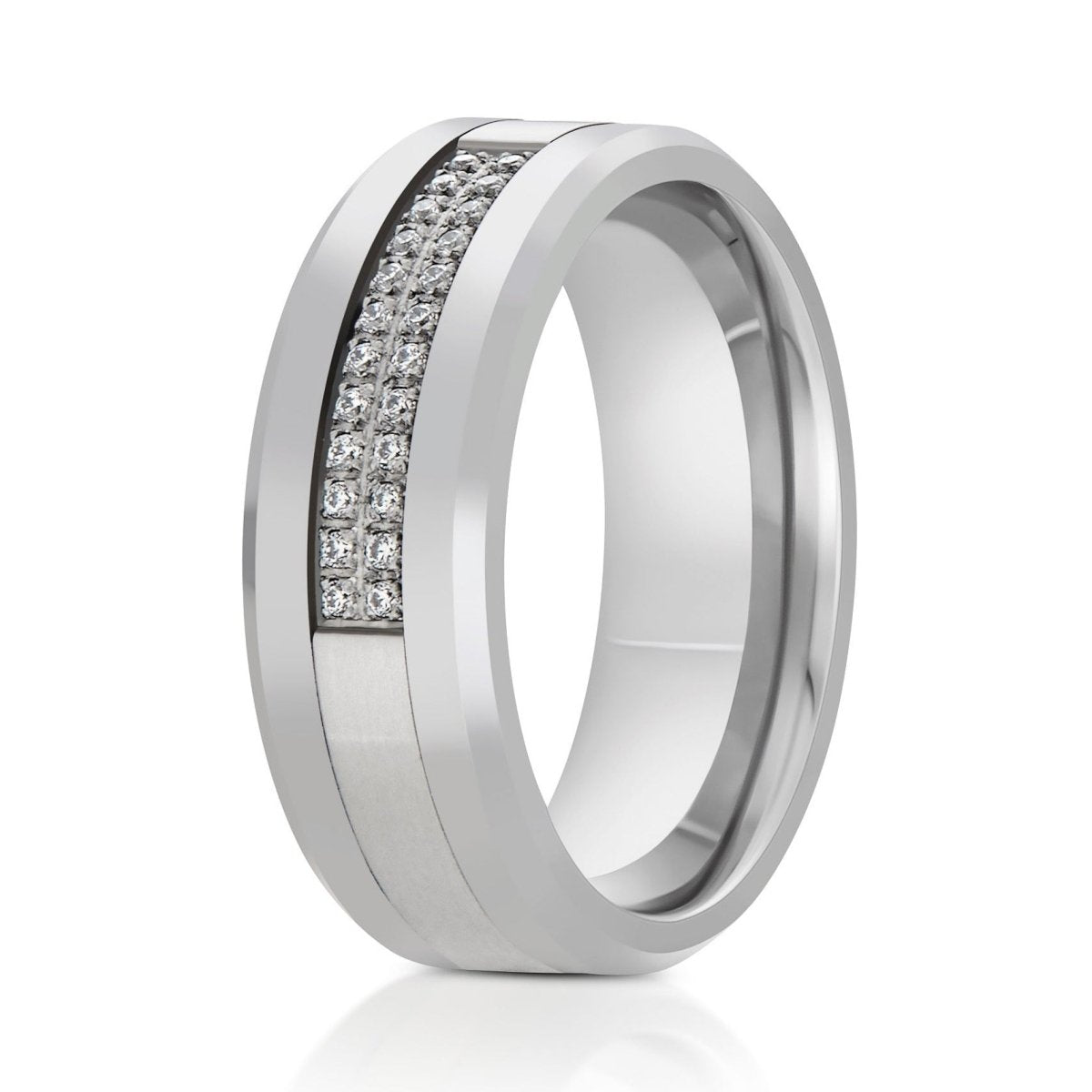 The Starcrest, a 8mm silver tungsten ring with a polished finish and 24 prong set CZ diamonds.