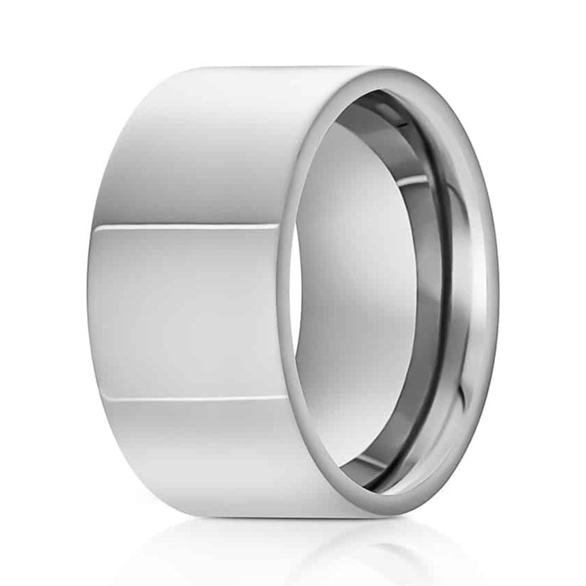 The Statesmen, a bold 12mm silver tungsten wedding band with a polished finish on a white background.