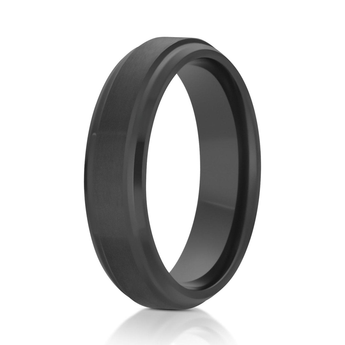 The Steadfast, a 6mm gray zirconium ring that features a brushed finish and polished beveled edges.