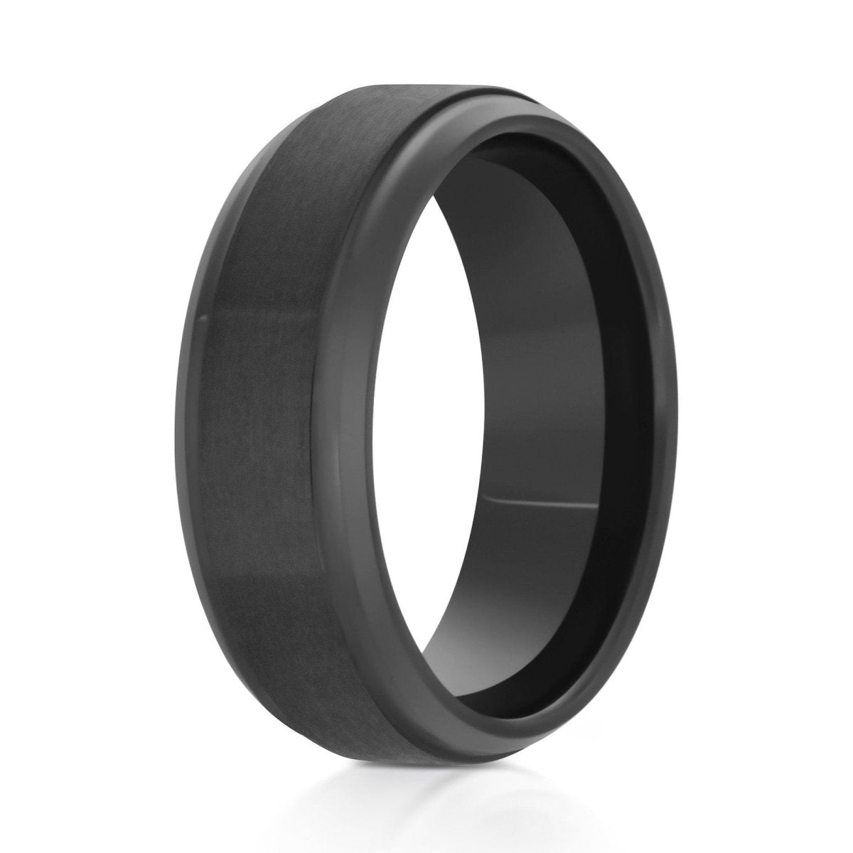 The Steelhaven, a 8mm gray zirconium ring that features a brushed center and sleek, polished stepped edges.