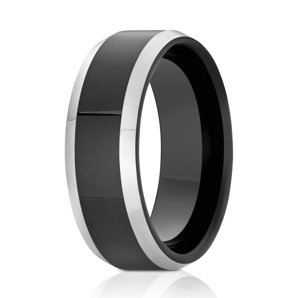 The Steelshade, a 8mm black tungsten carbide ring with a polished finish and steel gray beveled edges.