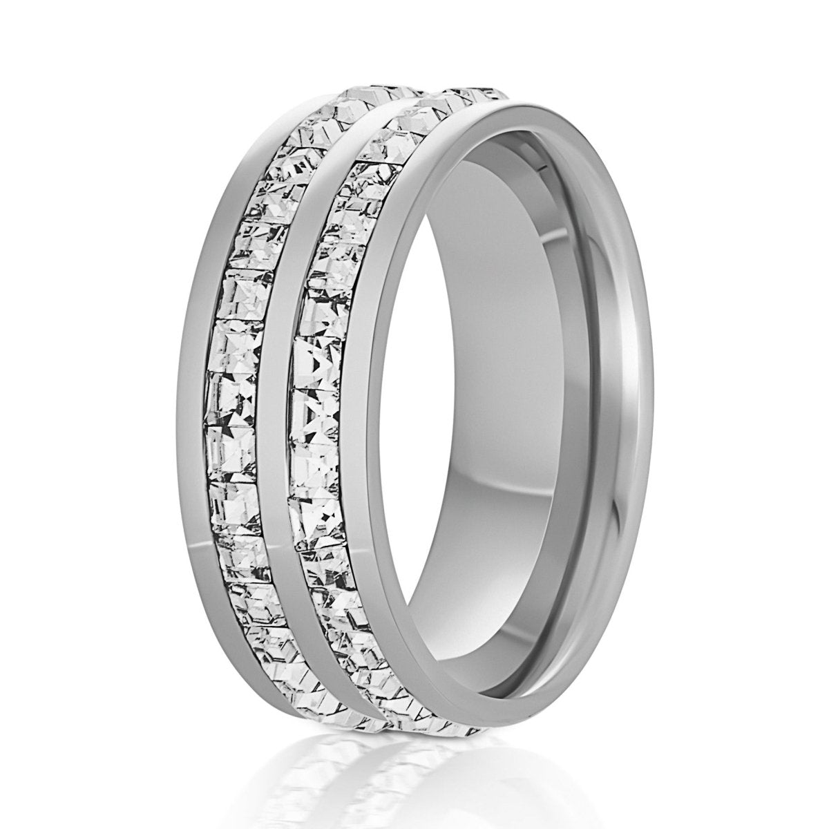 The Sterling Duo, a 8mm silver titanium ring with a polished finish and two CZ diamond bands in the center.