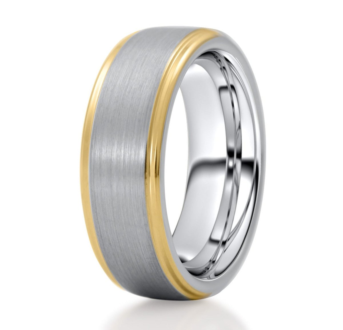 The Stevens, a silver tungsten carbide ring with a brushed finished center that features gold polished beveled edges.