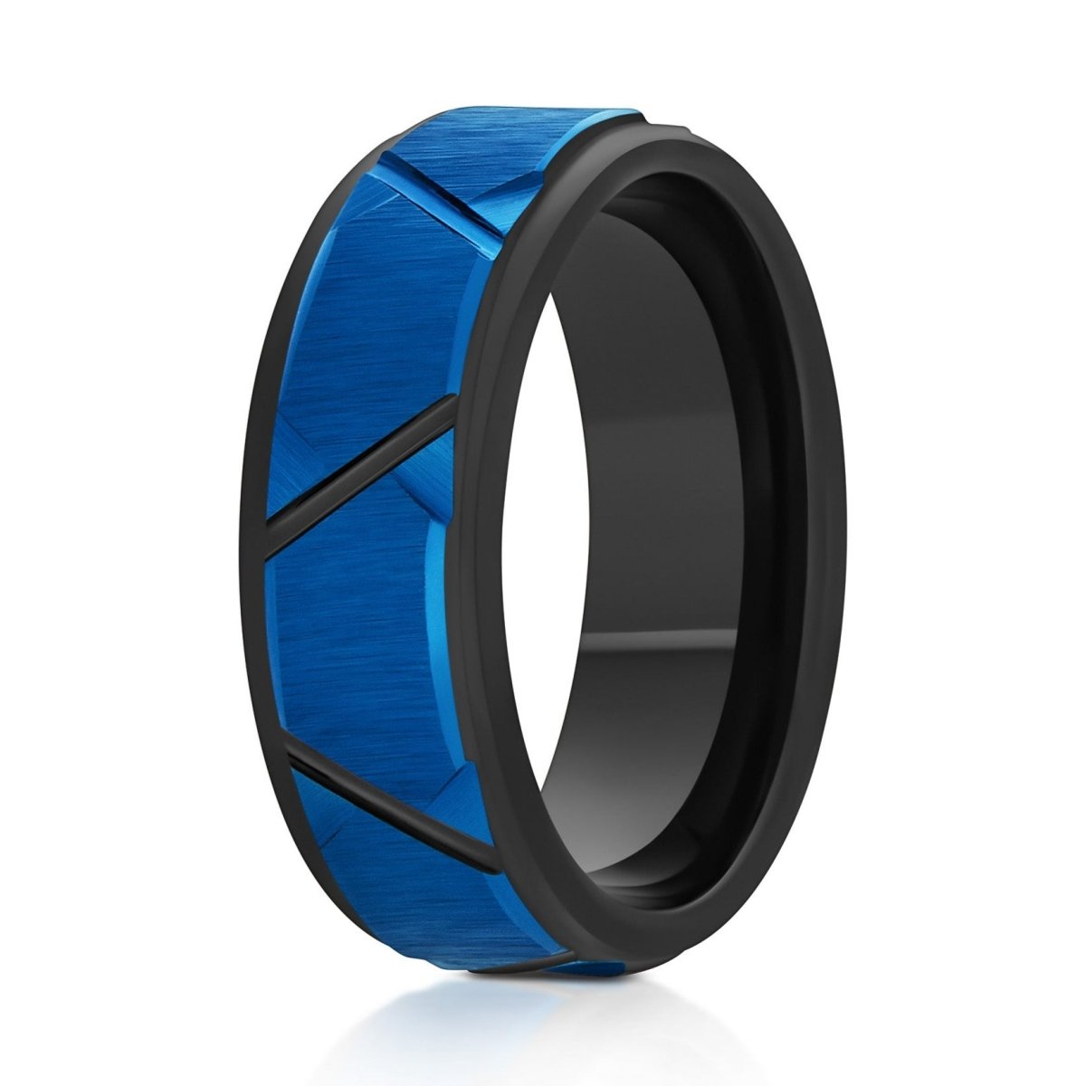 The Stratus, a black 8mm tungsten ring with a polished finish that features a blue center with brushed trapezoids.