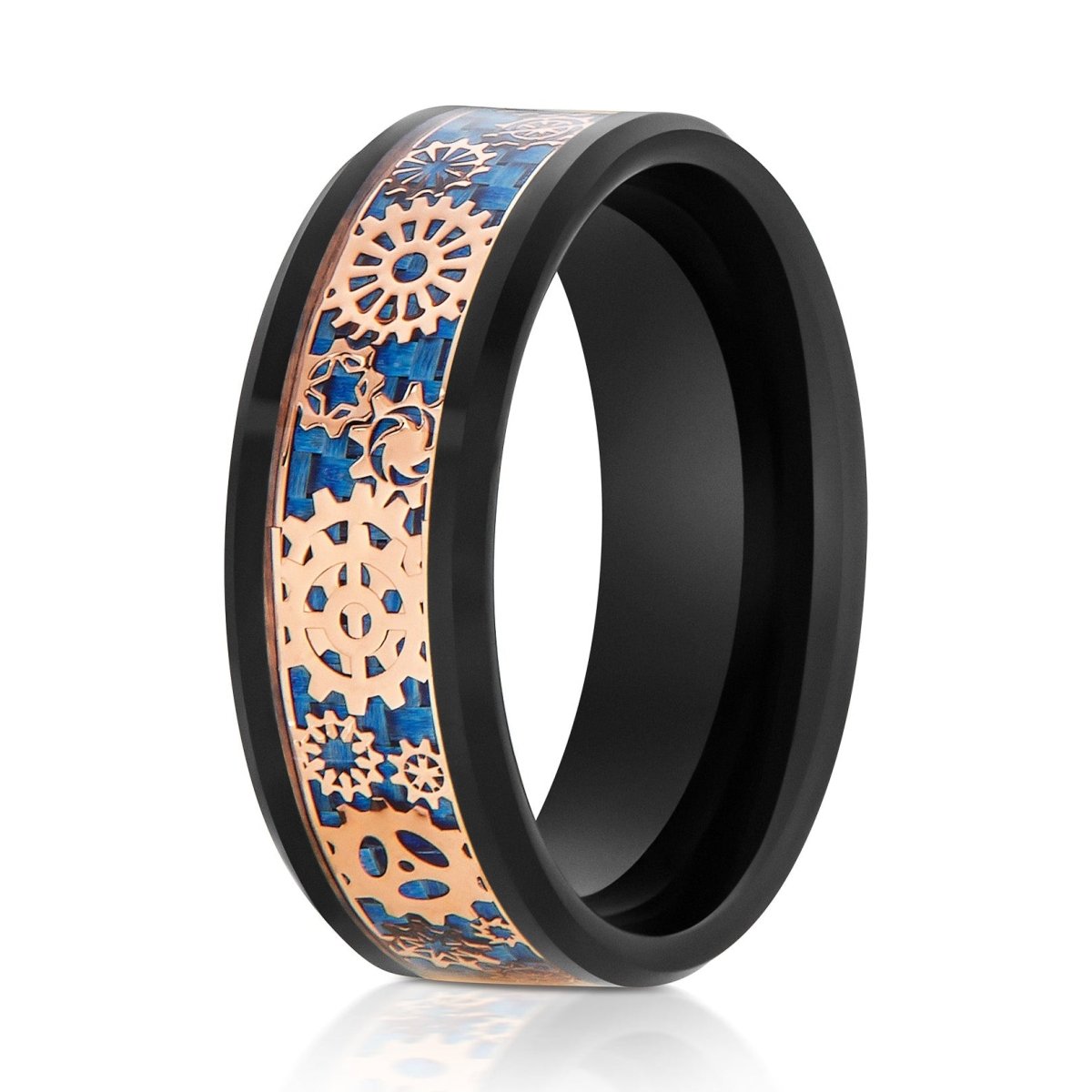 The Streampunk, a 8mm black tungsten ring with a polished finish that features rose gold steampunk gears over a blue carbon fiber inlay.