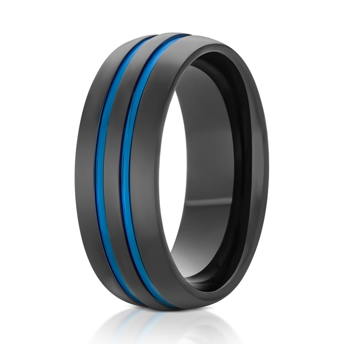 The Striker, a 8mm black tungsten ring with a domed style and polished finish that features 2 blue grooves.