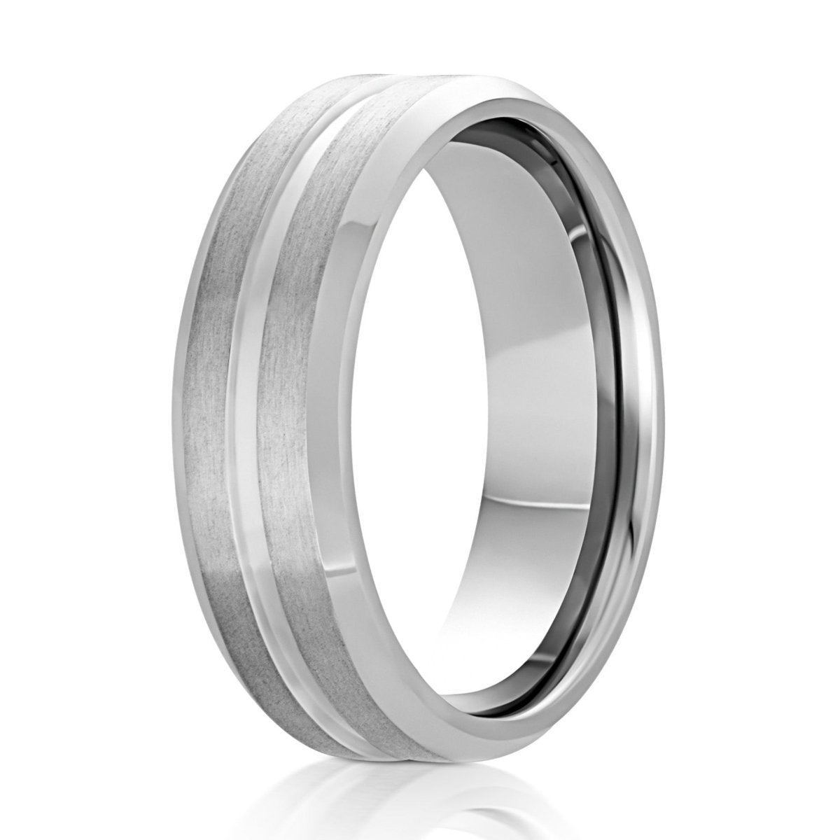 The Striven, a 7mm silver titanium ring with a brushed finish center and polished edges with a center groove.