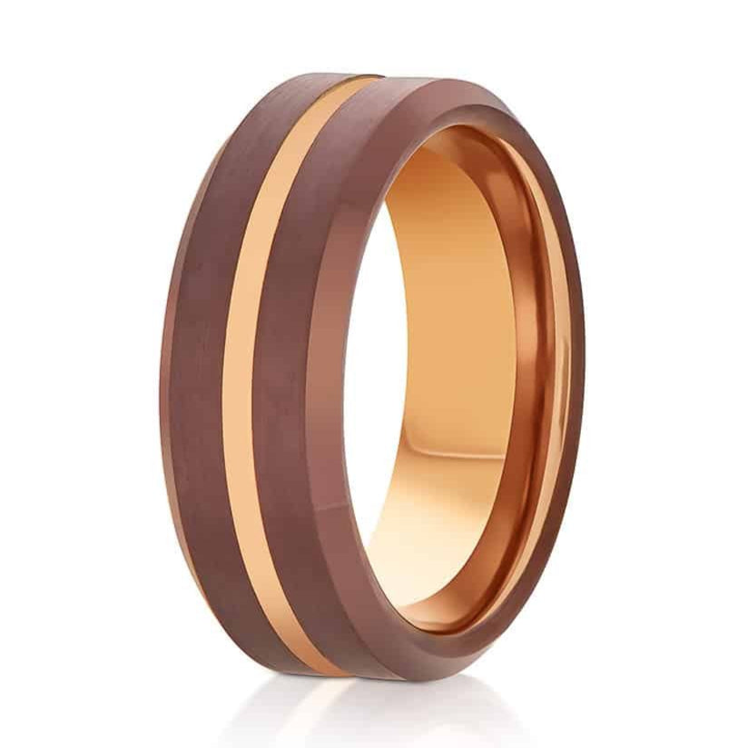 The Strong, a brown tungsten carbide ring that features a brushed center and polished edges with a rose gold band and groove.