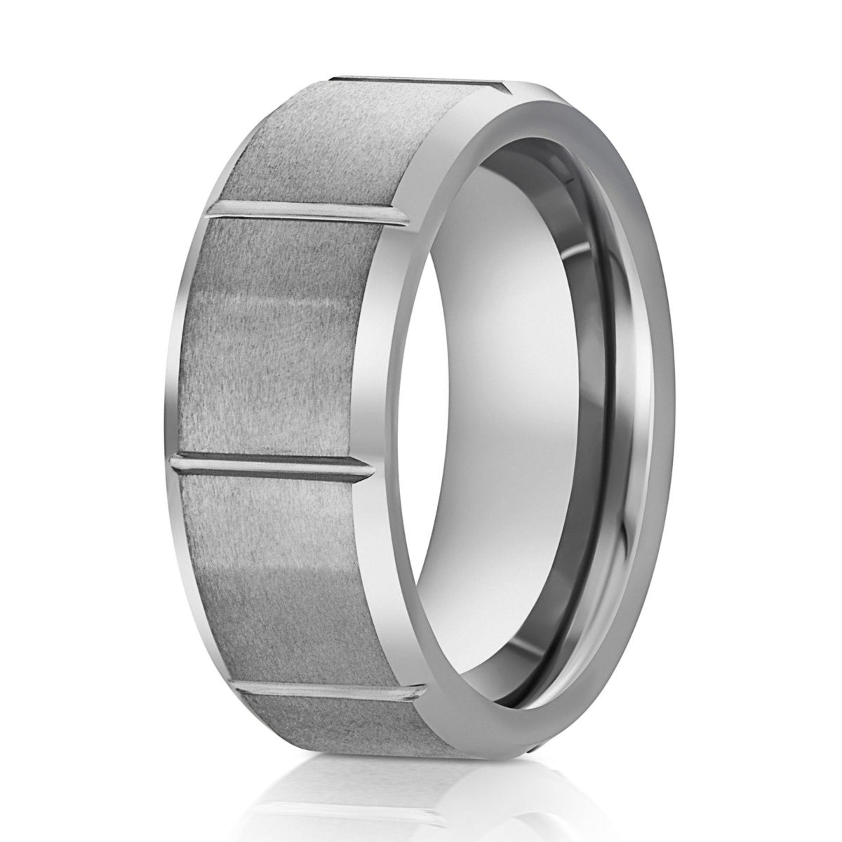 The Summit, a 9mm silver tungsten ring with a brushed center and polished edges that features grooves that run across the center of the ring.