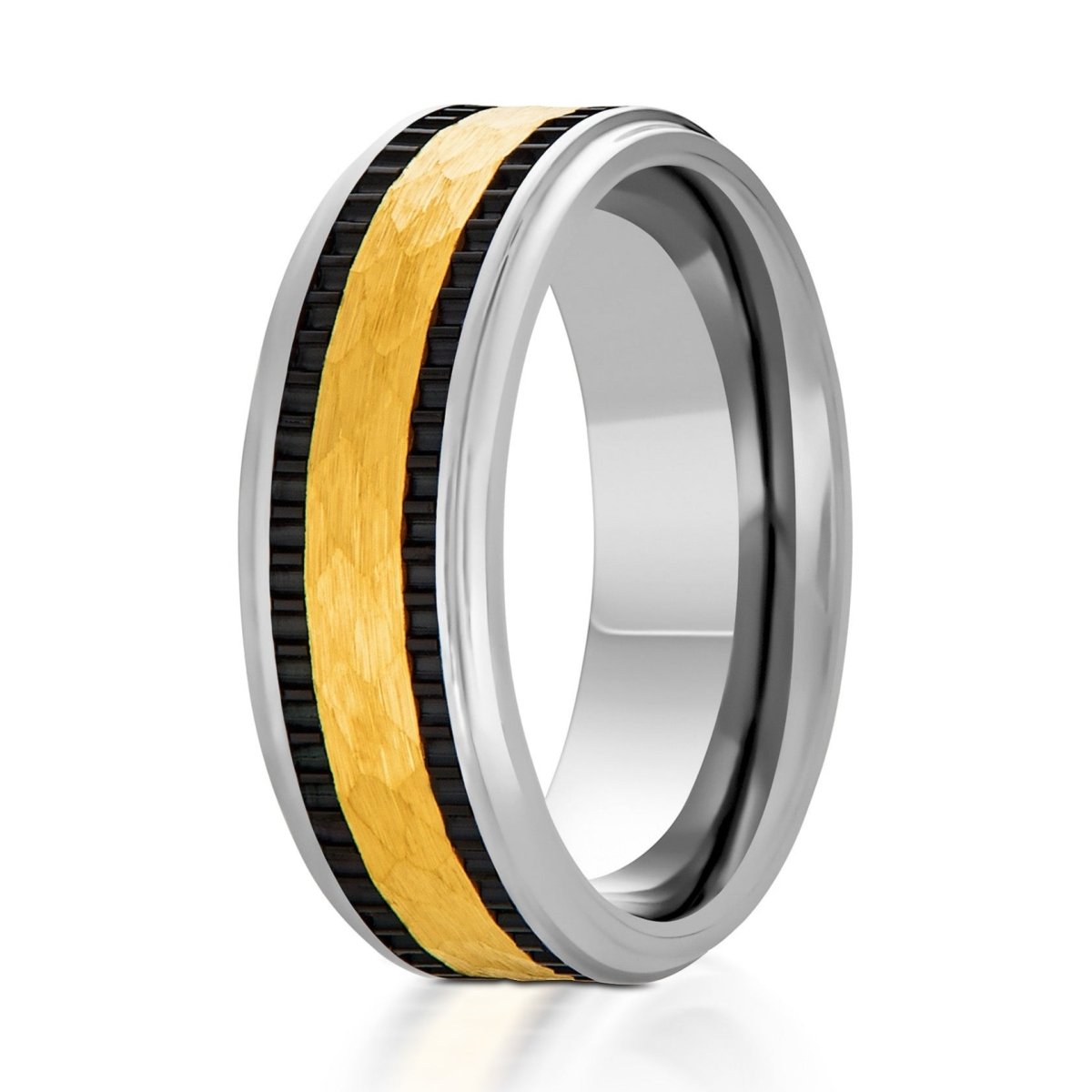 The Sunward, a 8mm tungsten ring with a hammered and brushed gold center with black stripes on the side with silver, polished beveled edges.