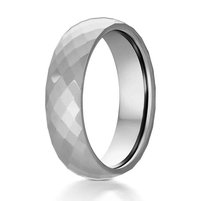 The Supernova, a silver tungsten carbide wedding band that features a faceted and polished finish that gives it a bold and unique look.