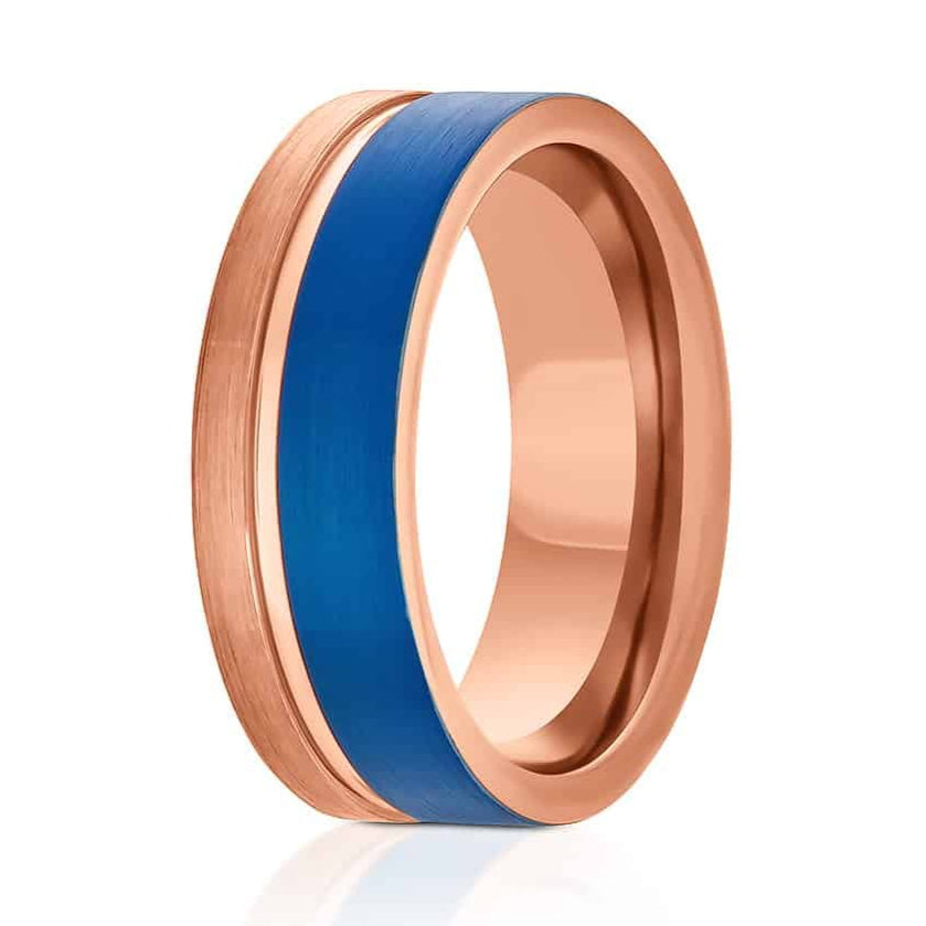 The Surge, a two-tone rose gold and blue tungsten carbide ring that features a brushed finish with a polished rose gold groove and band.