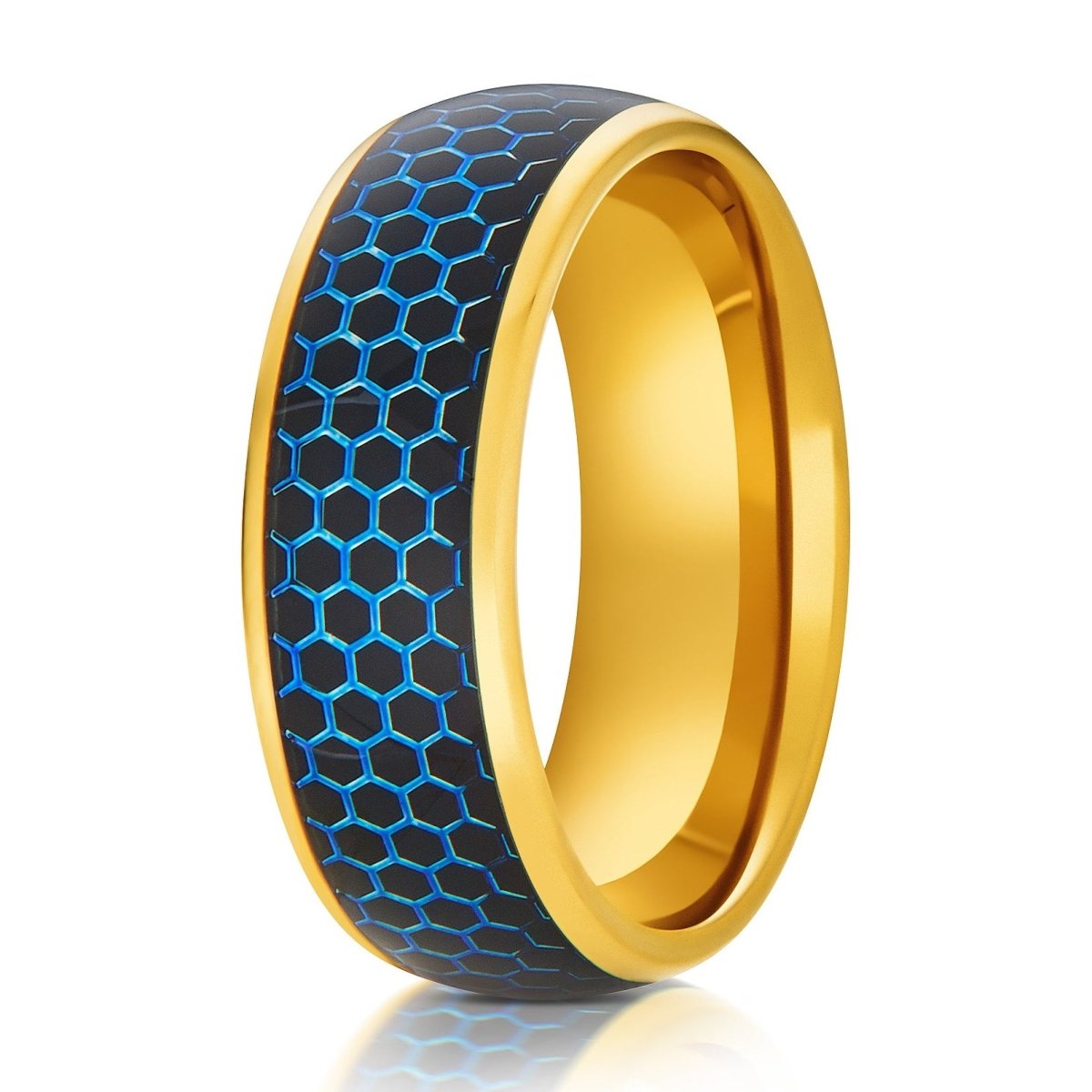 The Swarm, a 8mm gold tungsten domed ring with a polished finish that features a blue honeycomb cutout over a black center.