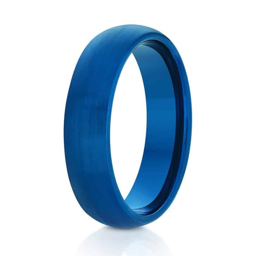 The Tarkine, a 6mm blue tungsten ring with a brushed finish and classic domed design.