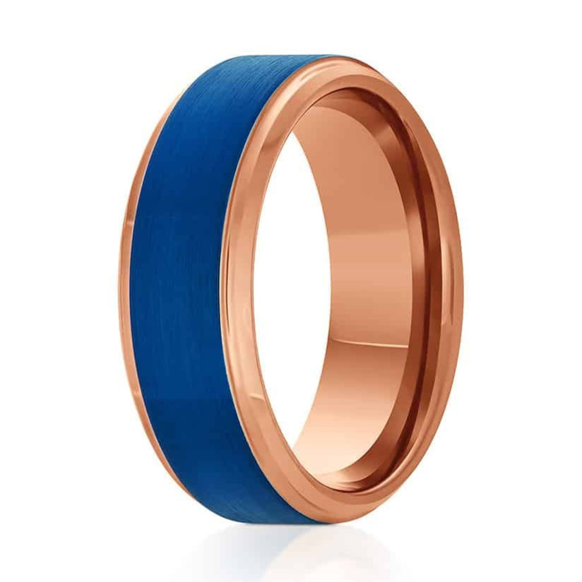 The Teton, a rose gold tungsten carbide ring with a polished finish, a stepped edge, and a blue, brushed center.