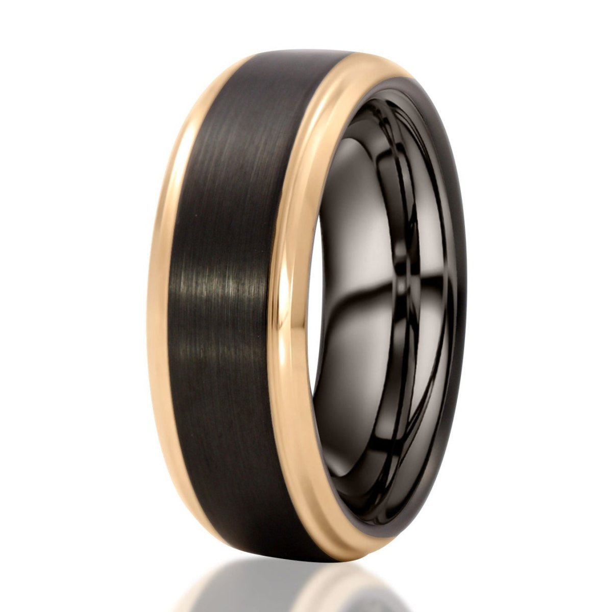 The Thriller, a black and rose gold tungsten carbide scratch-resistant ring that features a brushed center and sleek, rose gold polished edges.