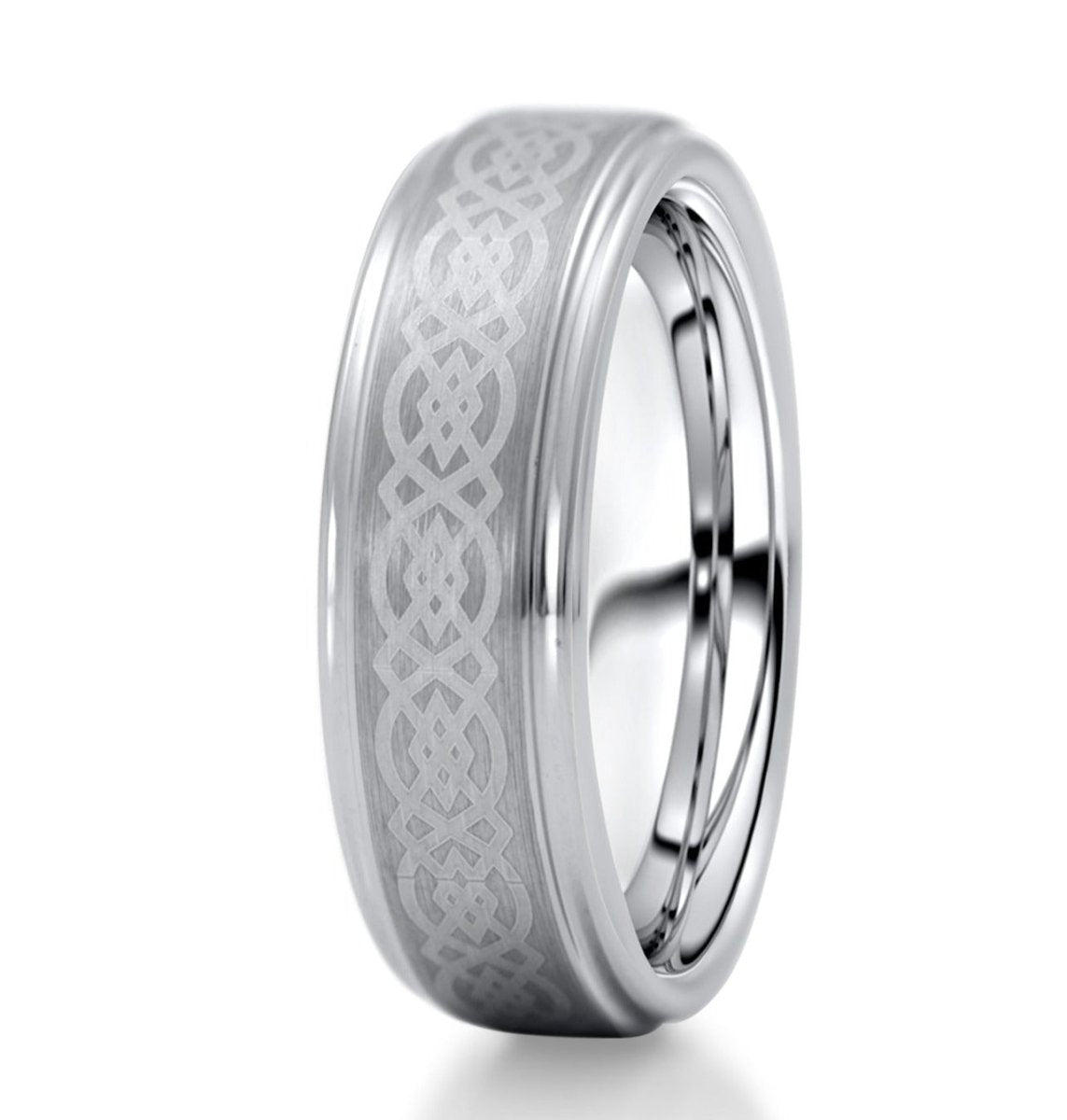 The Thunder, a silver tungsten carbide ring with a brushed center and polished edges that features a laser engraved celtic knot pattern.