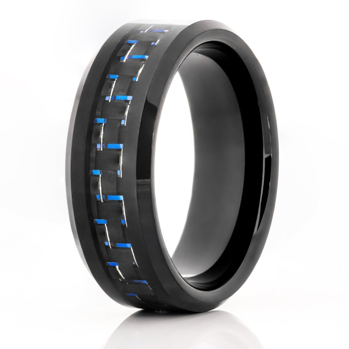 The Tongass, a black tungsten carbide scratch-resistant ring with a polished finish and black and blue carbon fiber inlay.