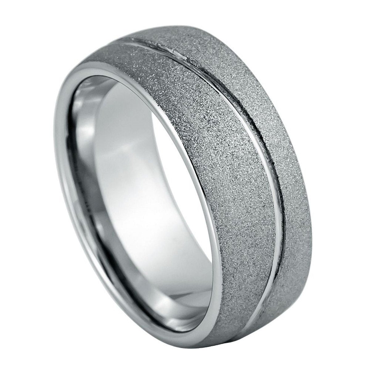 The Torrent, a silver tungsten ring with a wave design with a unique rough stone frosted finish.