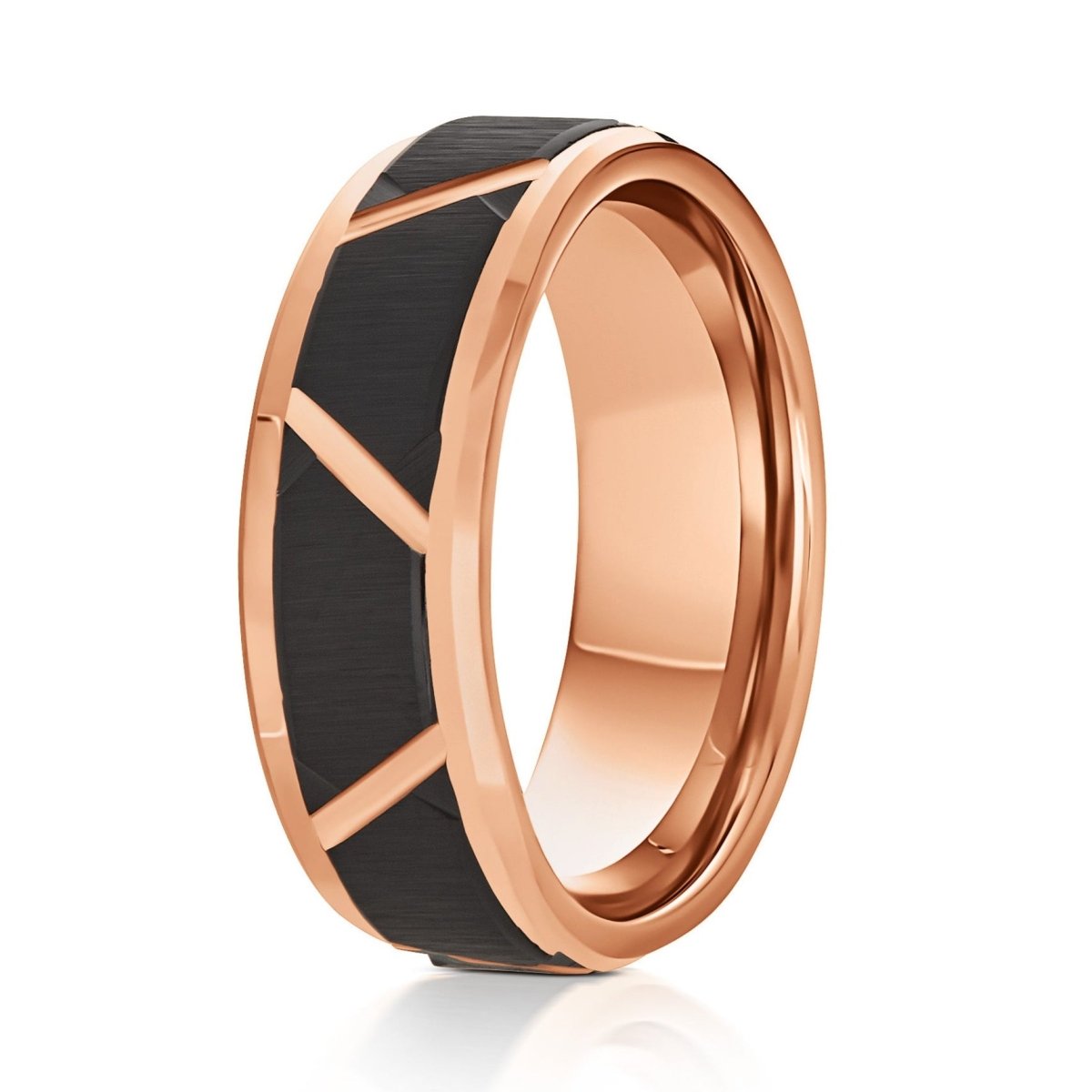The Trace, a rose gold tungsten ring with a polished finish that features brushed black trapezoids in the center.