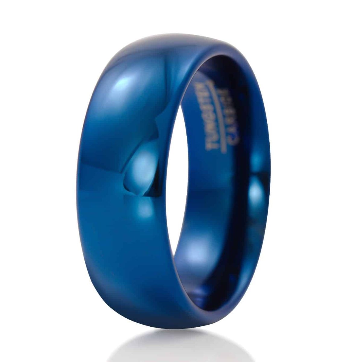 The Tucson, a blue tungsten carbide 8mm ring that has a classic dome design and a sleek, polished finish.