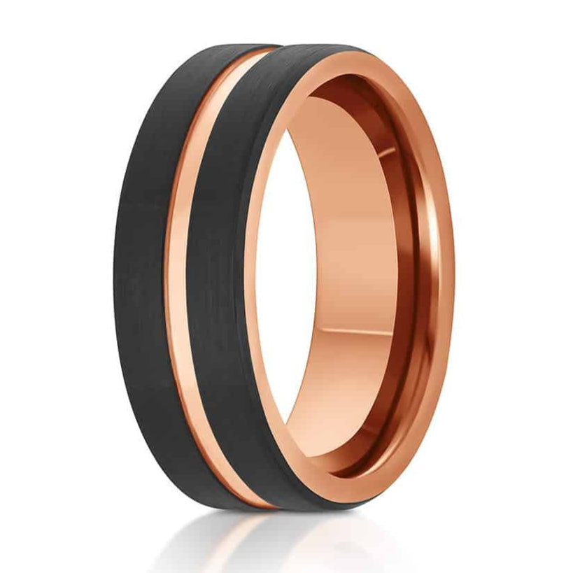 The Twain, a 8mm black tungsten carbide ring that features a brushed finish and a rose gold polished grooved center and rose gold inner band.