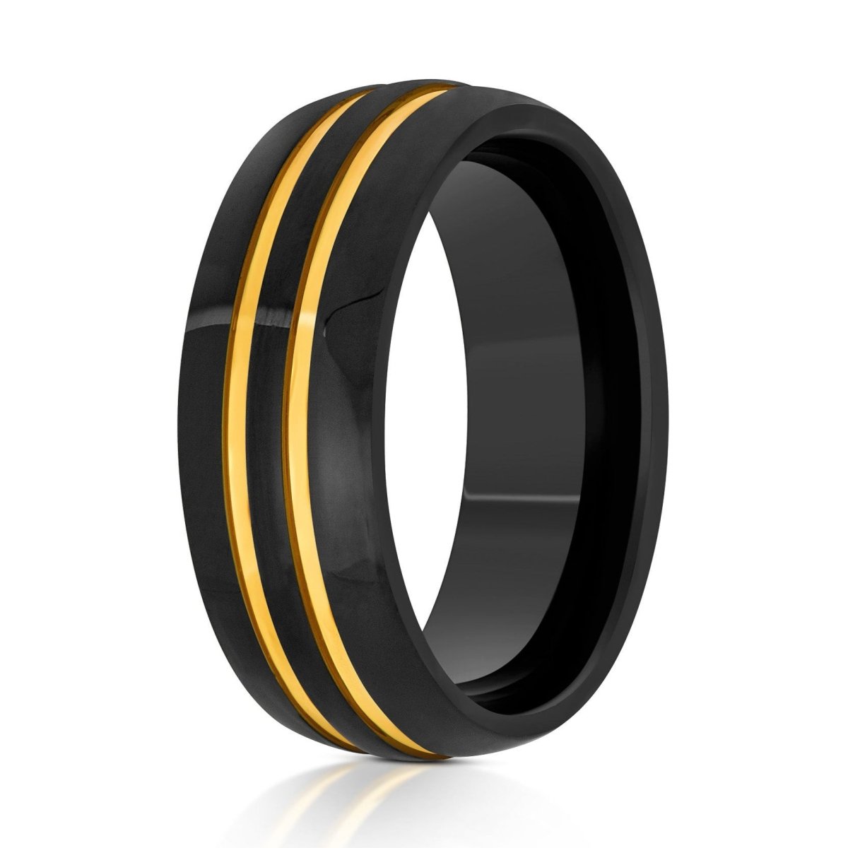 The Twin Flame, a 8mm black tungsten ring with a polished finish that features a double grooved gold center.