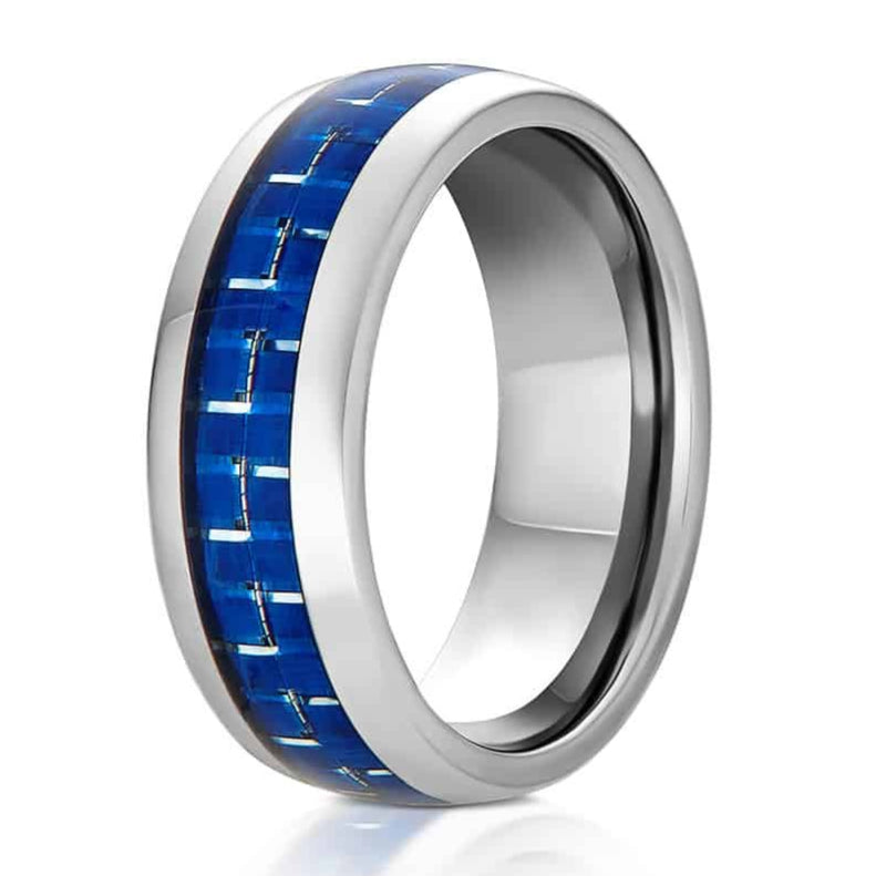 The Understated, a silver tungsten carbide scratch-resistant ring that has a polished finish and blue carbon fiber inlay.