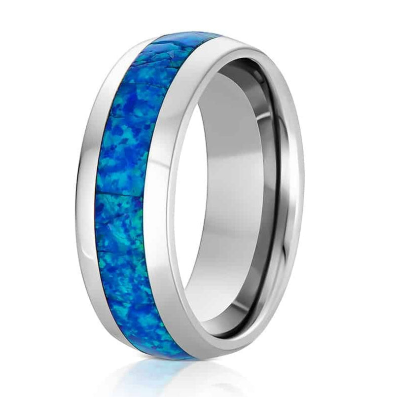 The Valor, a 8mm silver tungsten scratch-resistant ring that features a polished finish and blue opal inlay.