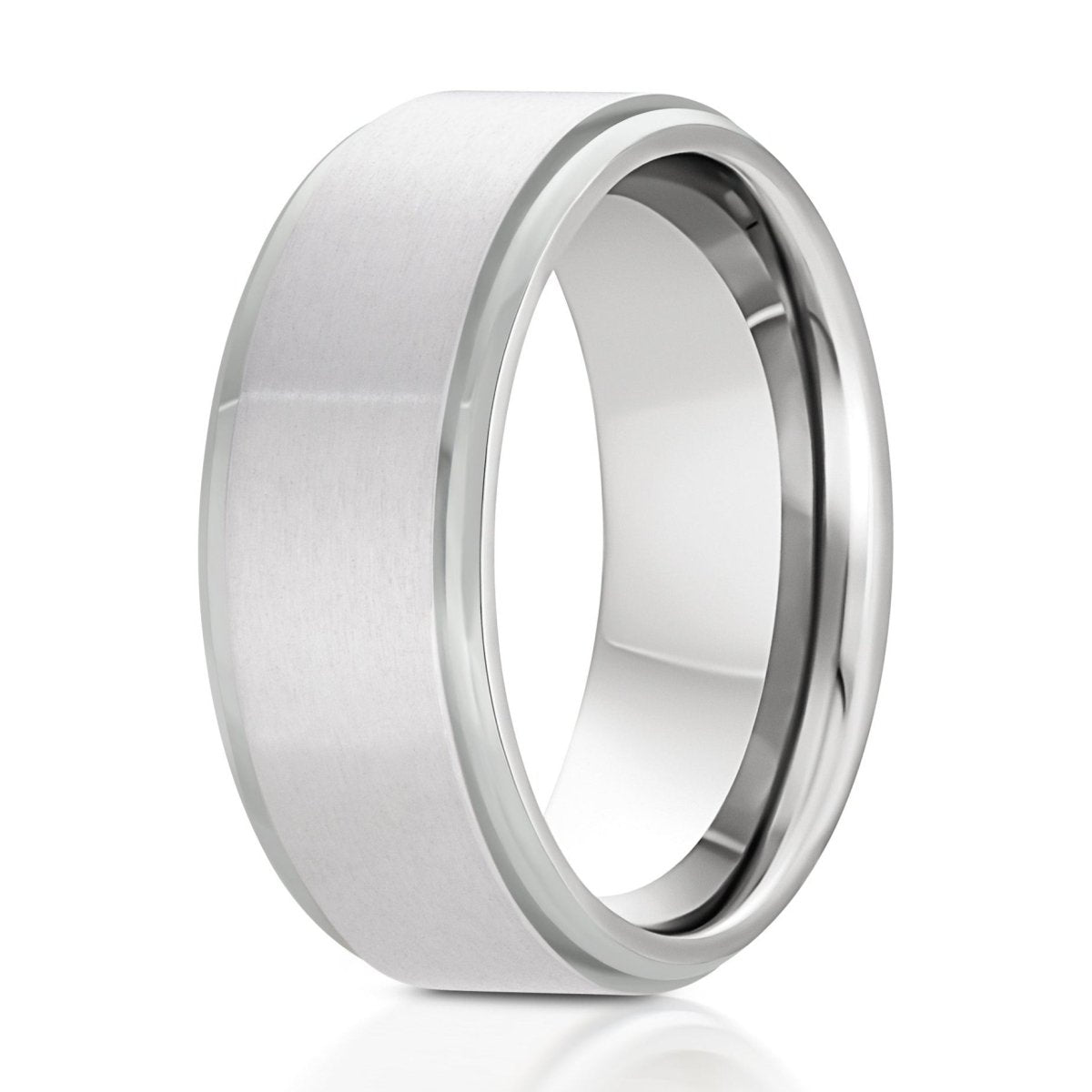 The Valtren, a 9mm silver titanium ring with a brushed finish center and polished beveled edges.