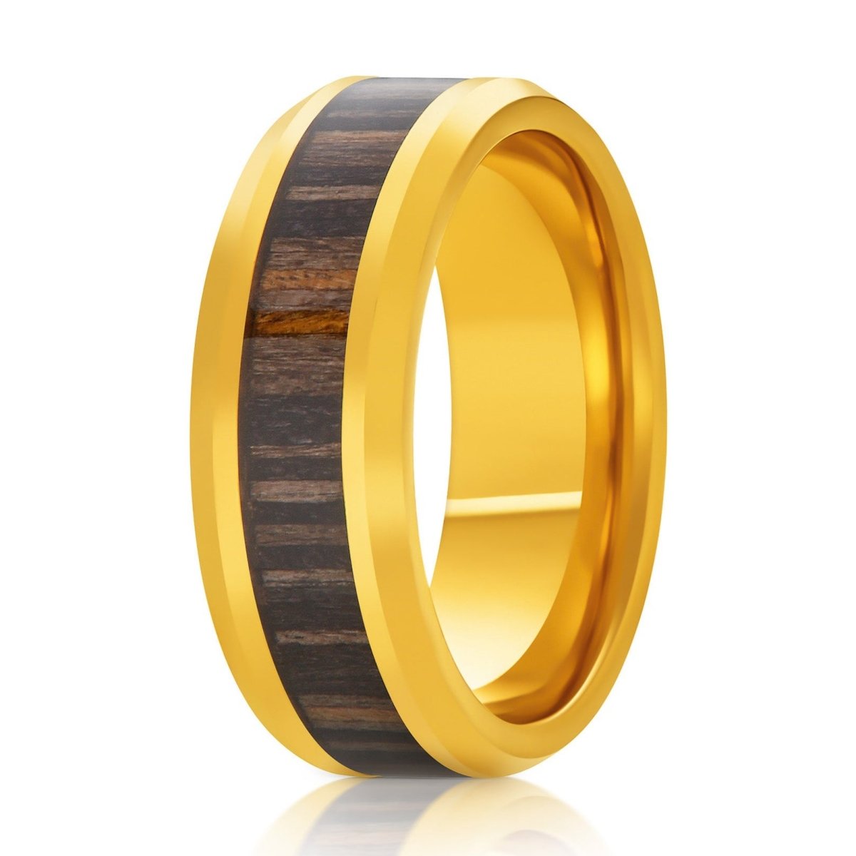 The Vantrel, a 8mm gold tungsten ring with a polished finish and a zebra wood inlay.