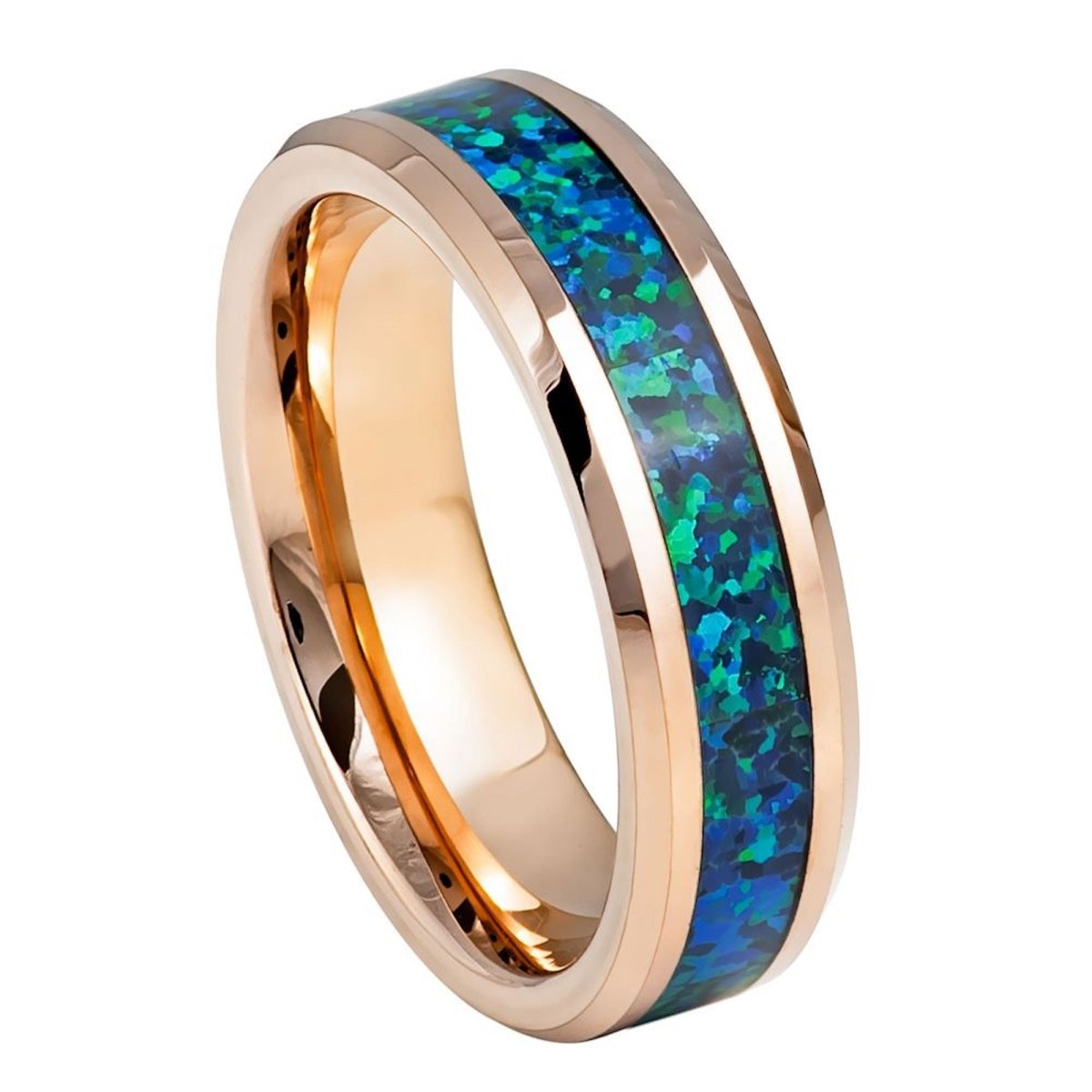 The Verdance, a 6mm rose gold tungsten ring with a polished finish and beveled edges that features an emerald green opal inlay in the center.