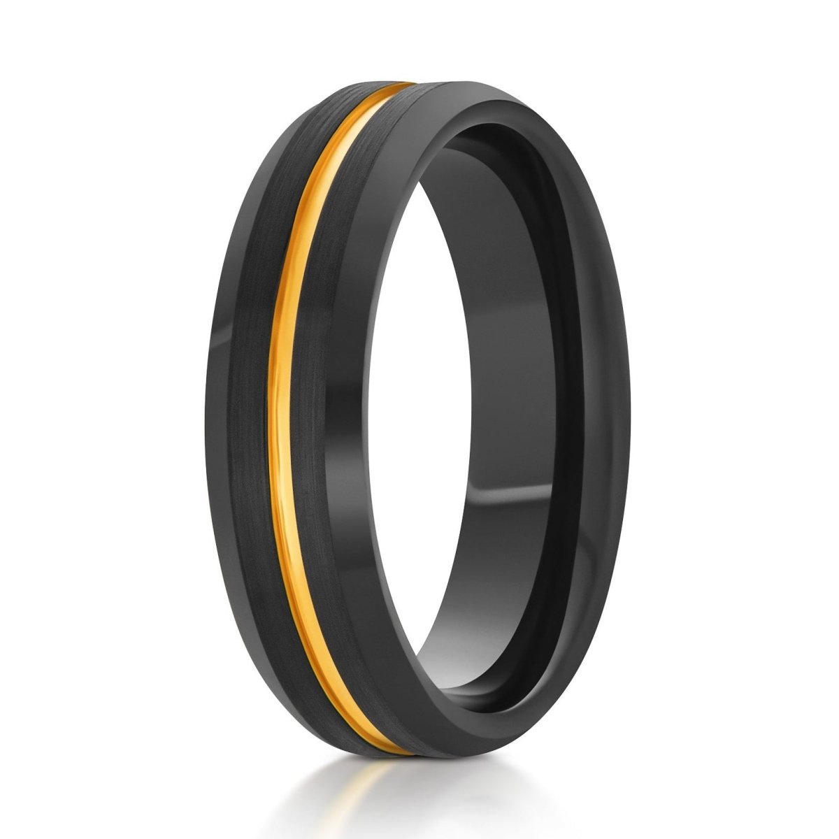 The Viceroy, a 6mm black tungsten ring with a brushed center and polished beveled edges with a gold middle groove.