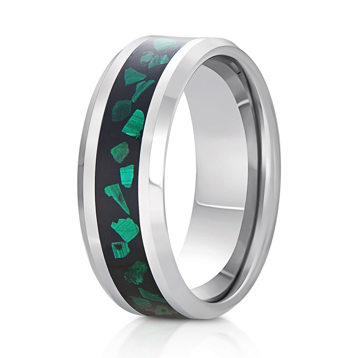 The Viridian, a 8mm silver tungsten ring with a polished finish and beveled edge that features a black and green malachite chip inlay in the center.