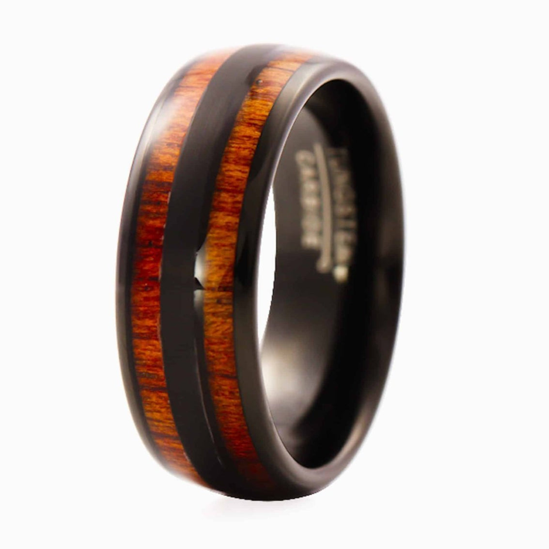 The Wandering, a 8mm black tungsten carbide ring with a polished finish and a double Hawaiian Koa wood inlay.