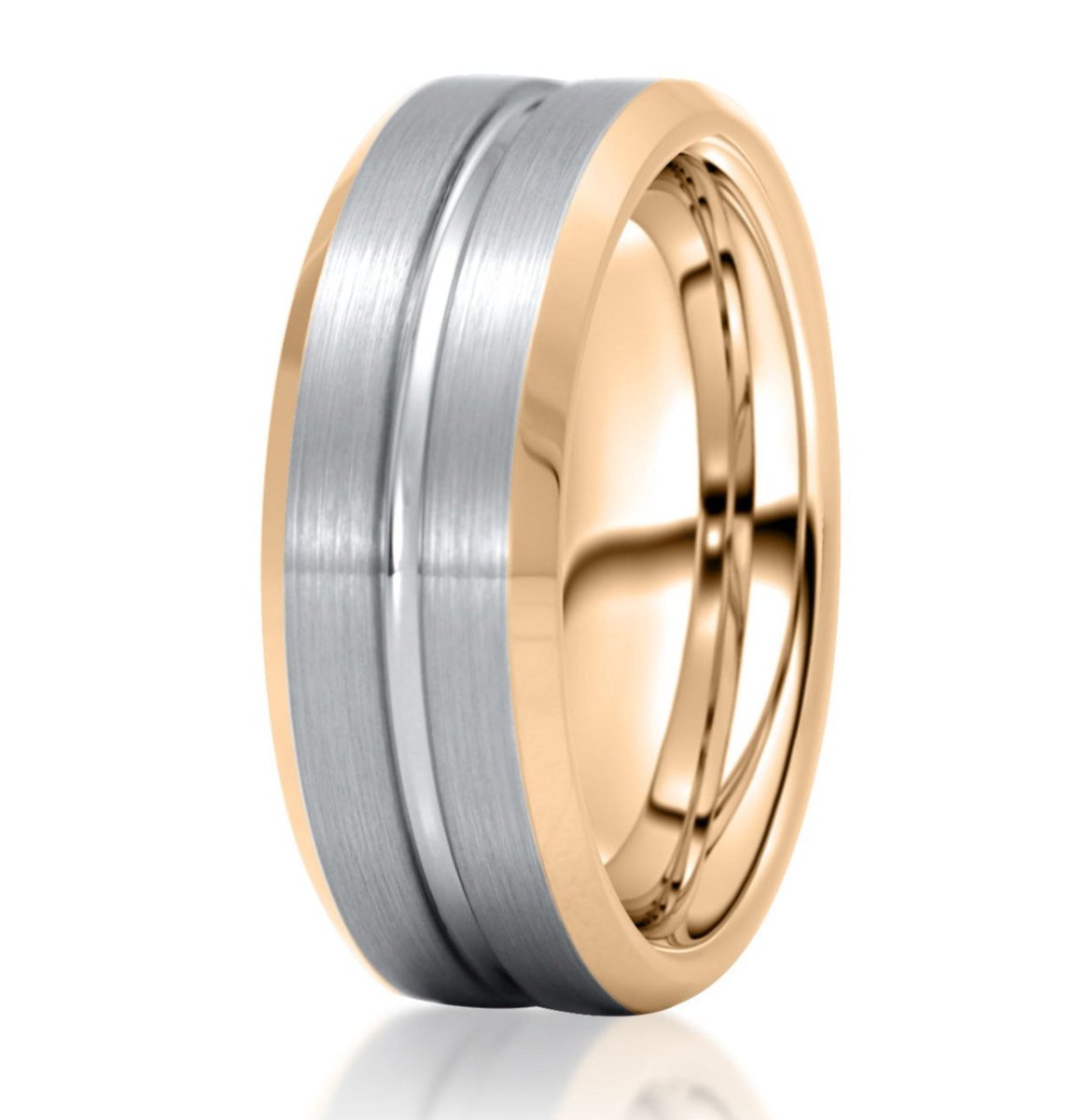 The Watson, a silver and rose gold tungsten carbide scratch-resistant ring that features a brushed silver center and polished rose gold edges, band, and silver center groove.